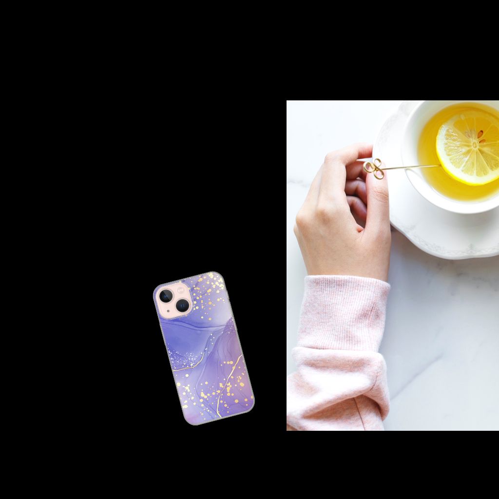 Hoesje maken voor iPhone 13 mini Watercolor Paars met een mooie hand die een citroen in een kopje thee houdt đ.