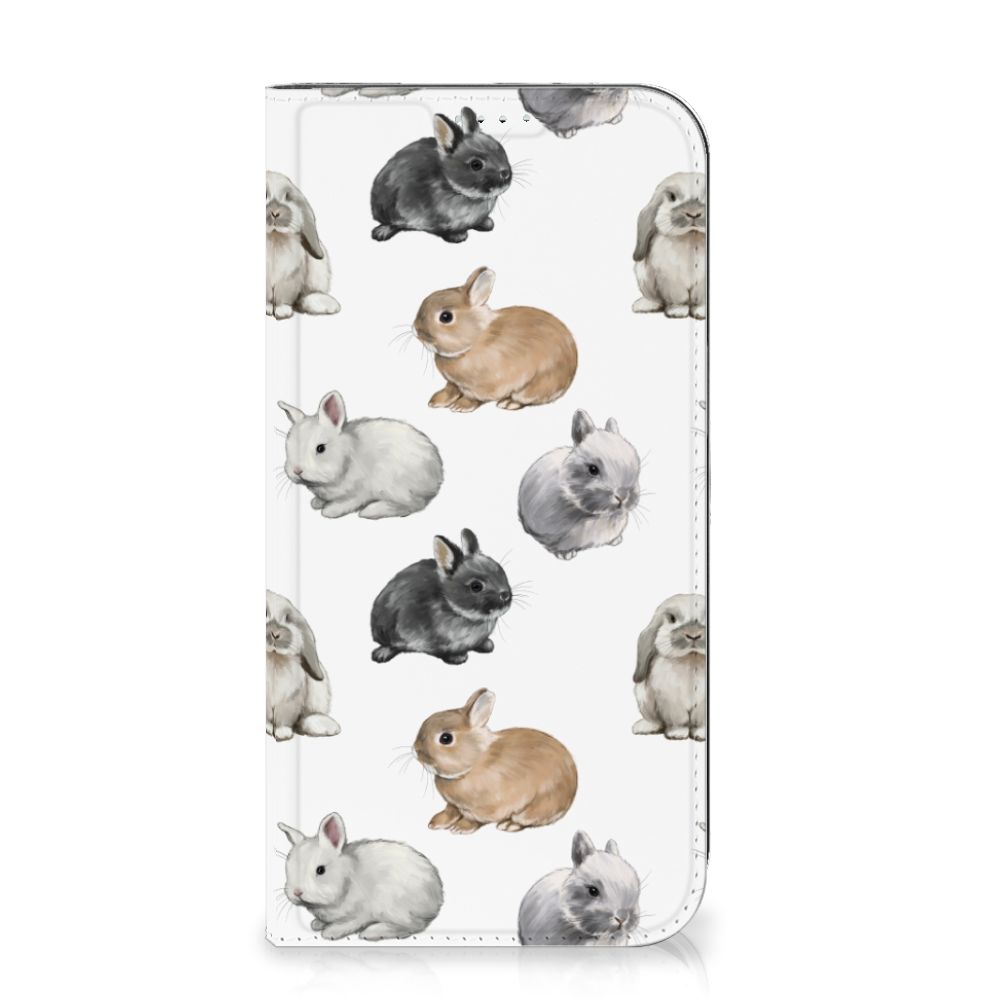 Hoesje maken voor iPhone 15 Plus Konijntjes met schattige konijnen op een witte achtergrond đ.