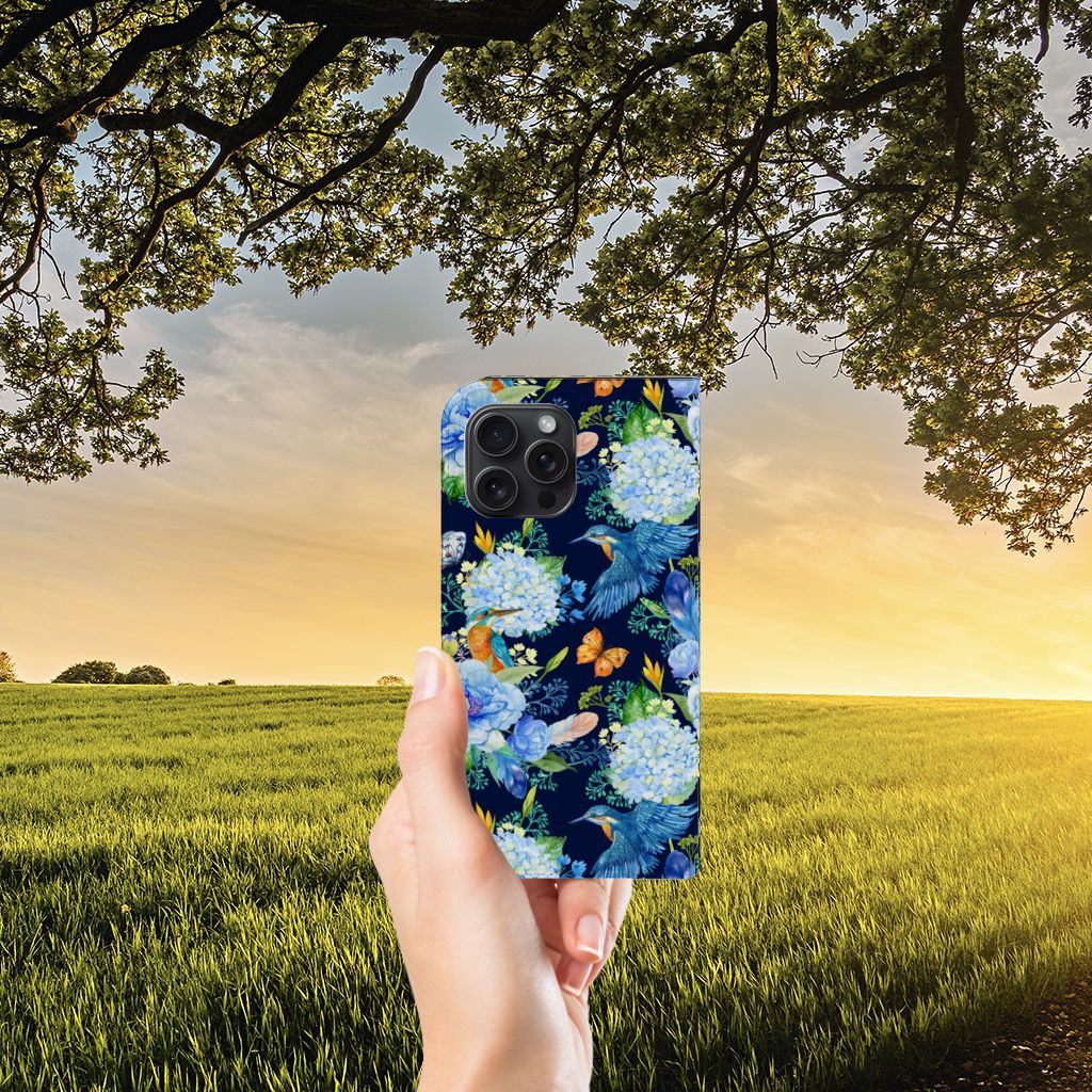 Hoesje maken voor iPhone 15 Pro Max IJsvogel design bloemen aanzicht