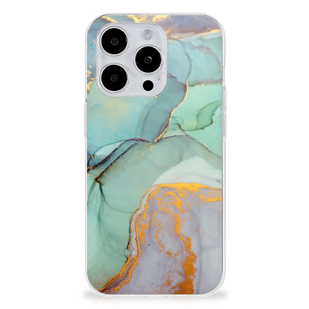 Hoesje maken voor iPhone 15 Pro Watercolor Mix met een prachtig kleurverloop en gouden accenten.