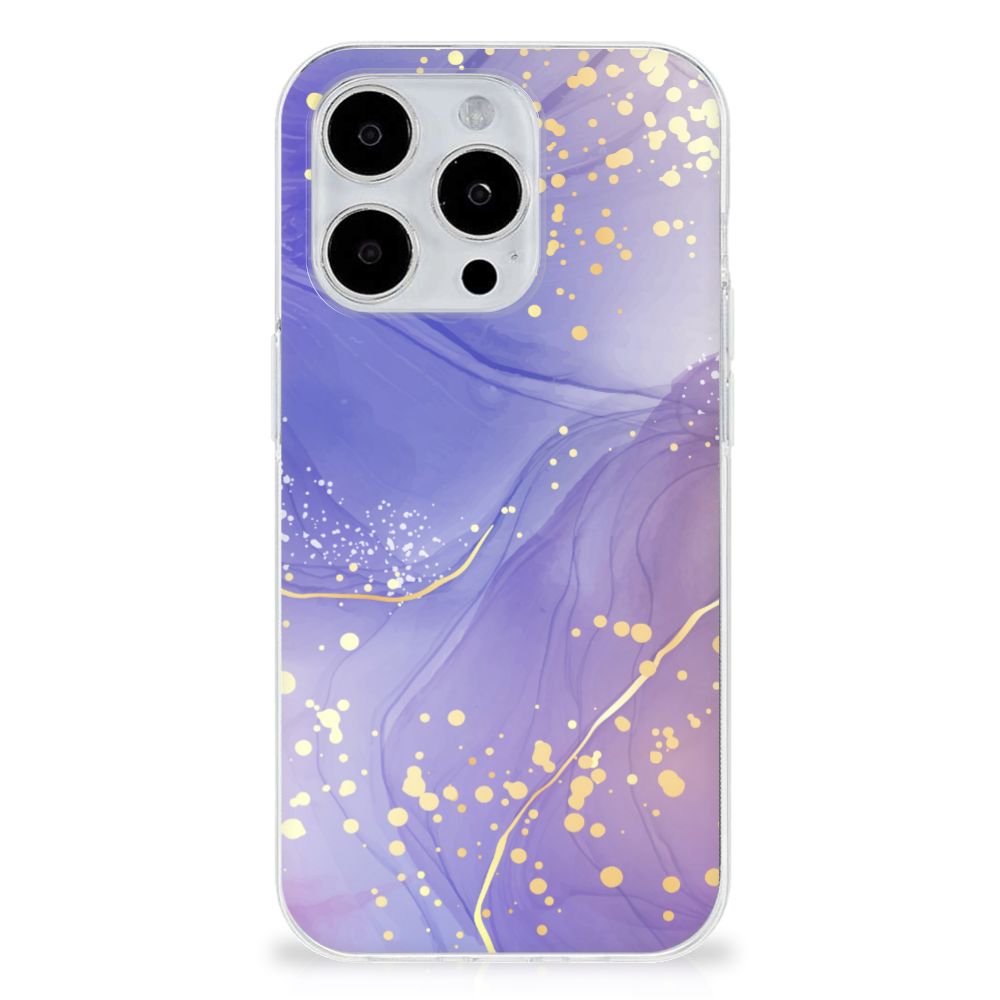 Hoesje maken voor iPhone 15 Pro Watercolor Paars met een prachtig blauw-paarse ondergrond en gouden accenten ✨.