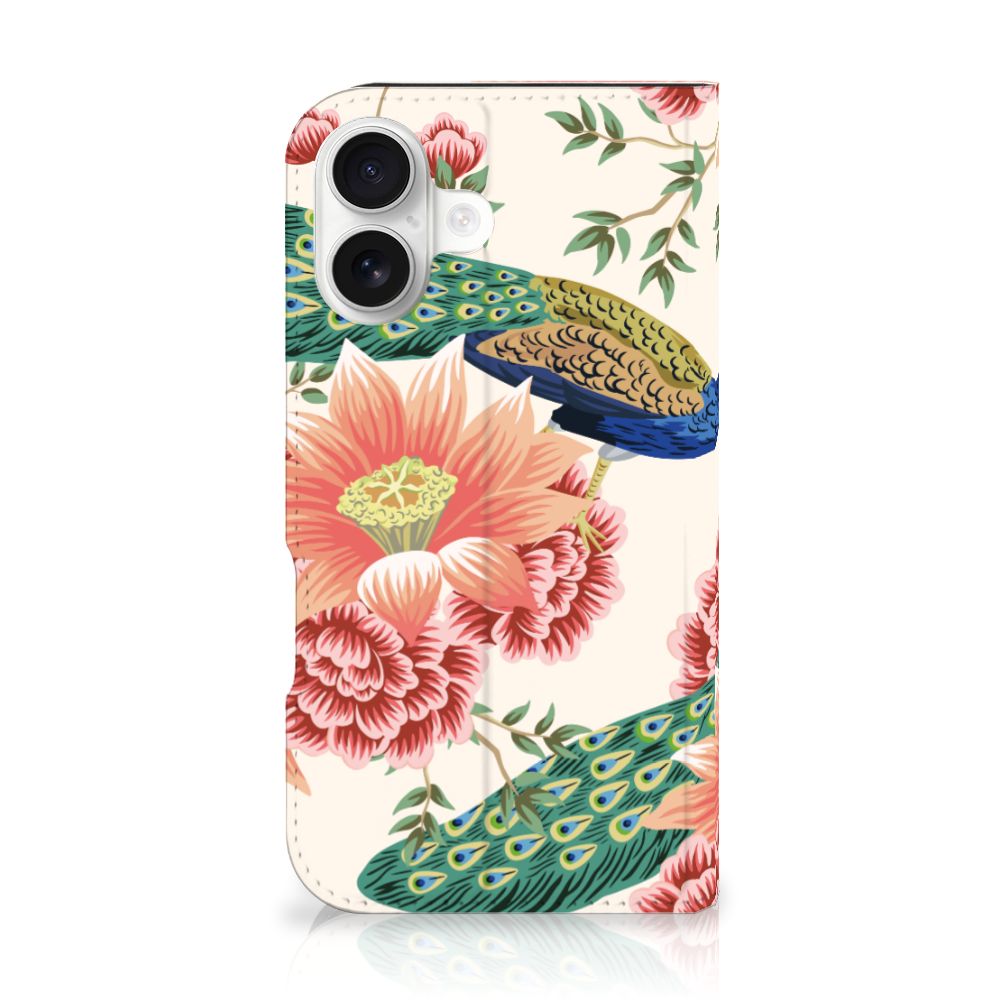 Hoesje maken voor iPhone 16 Pink Peacock design pauw bloemen aanzicht