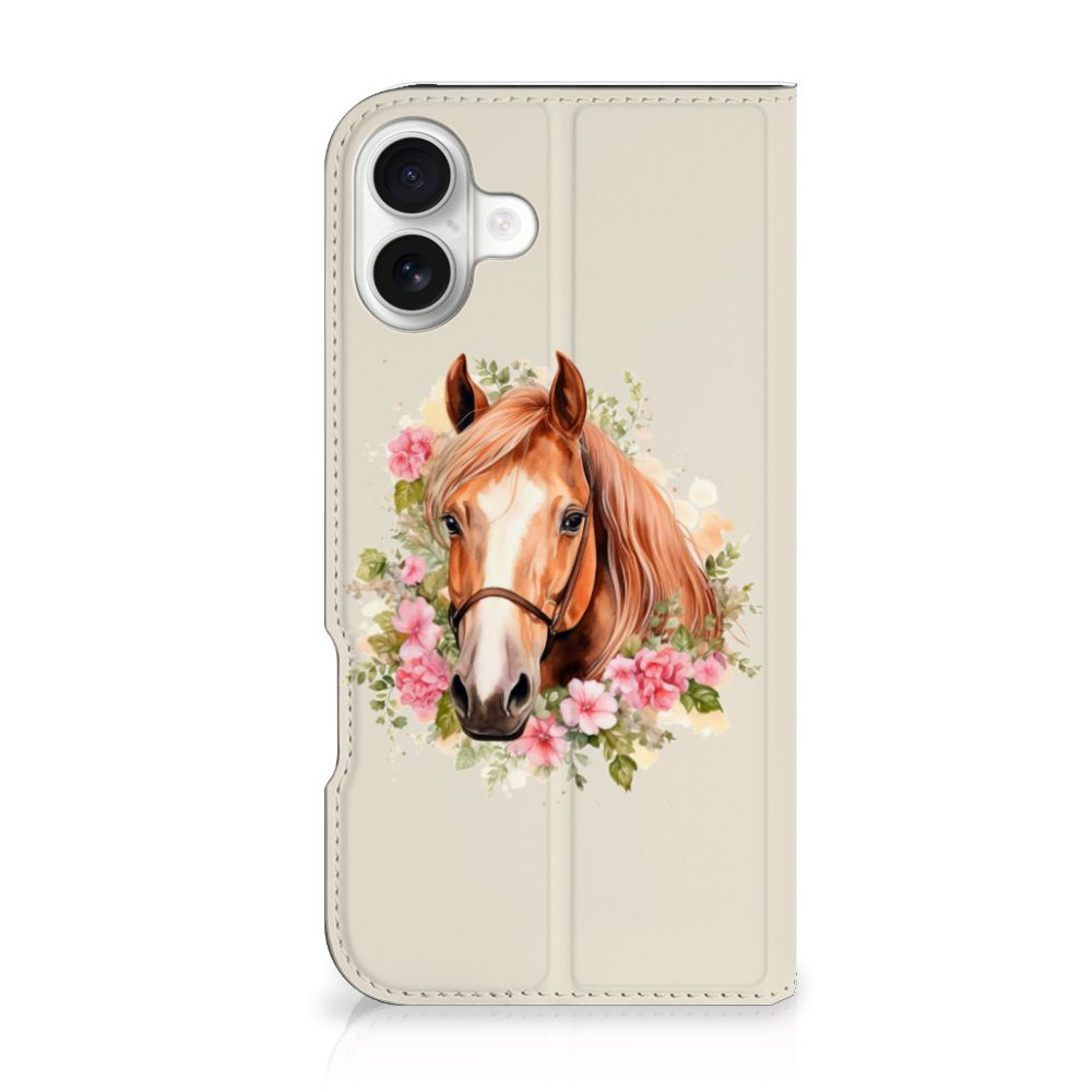 Hoesje maken voor iPhone 16 Plus Paard telefoonhoes paard bloemen aanzicht