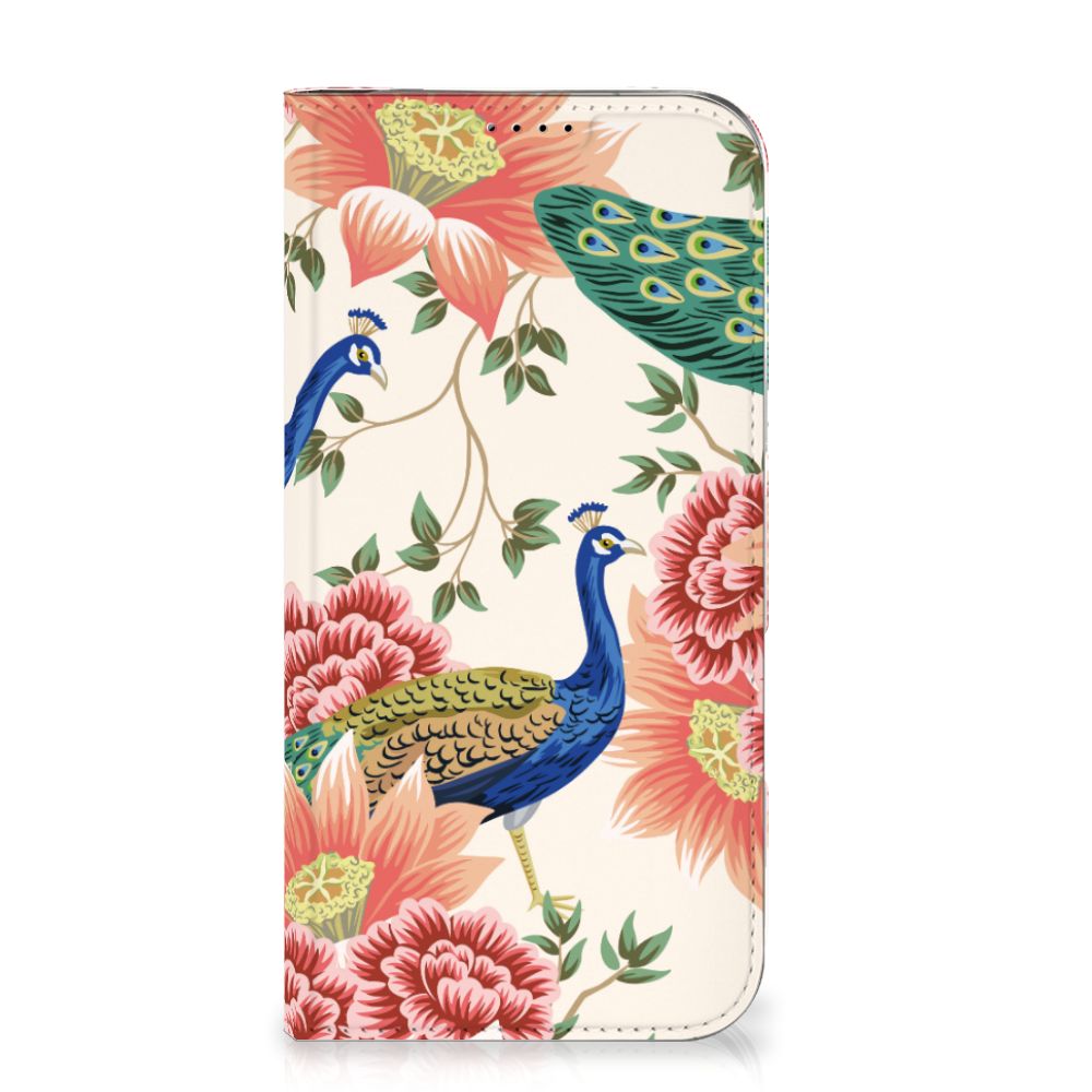 Hoesje maken voor iPhone 16 Plus Pink Peacock hoesje pauw bloemen voorkant
