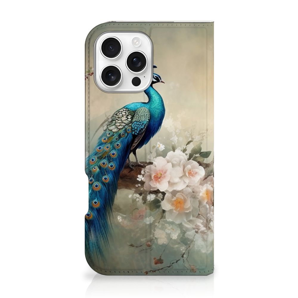 Hoesje maken voor iPhone 16 Pro Max Vintage Pauwen zij aanzicht met pauw en bloemen