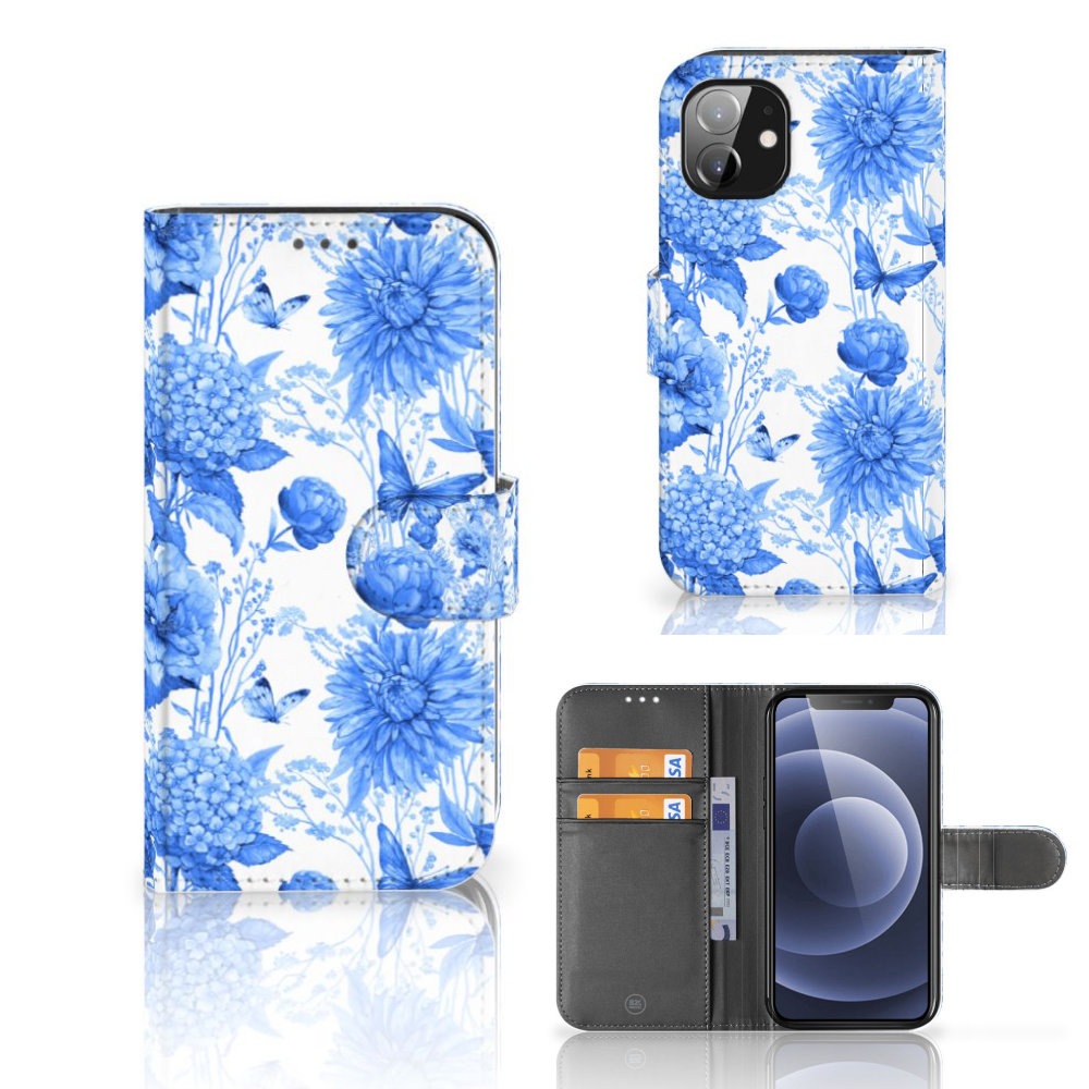 Hoestje voor Apple iPhone 12 Mini Flowers Blue met prachtig blauw bloemenontwerp en ruimte voor drie pasjes.
