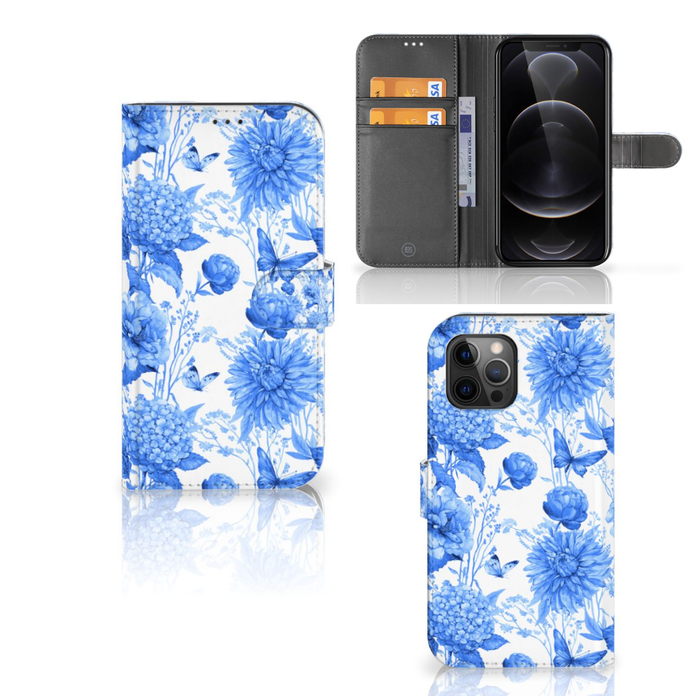 Hoesje voor Apple iPhone 12 Pro Max Flowers Blue met mooi Delftsblauw bloemen design en ruimte voor drie pasjes.