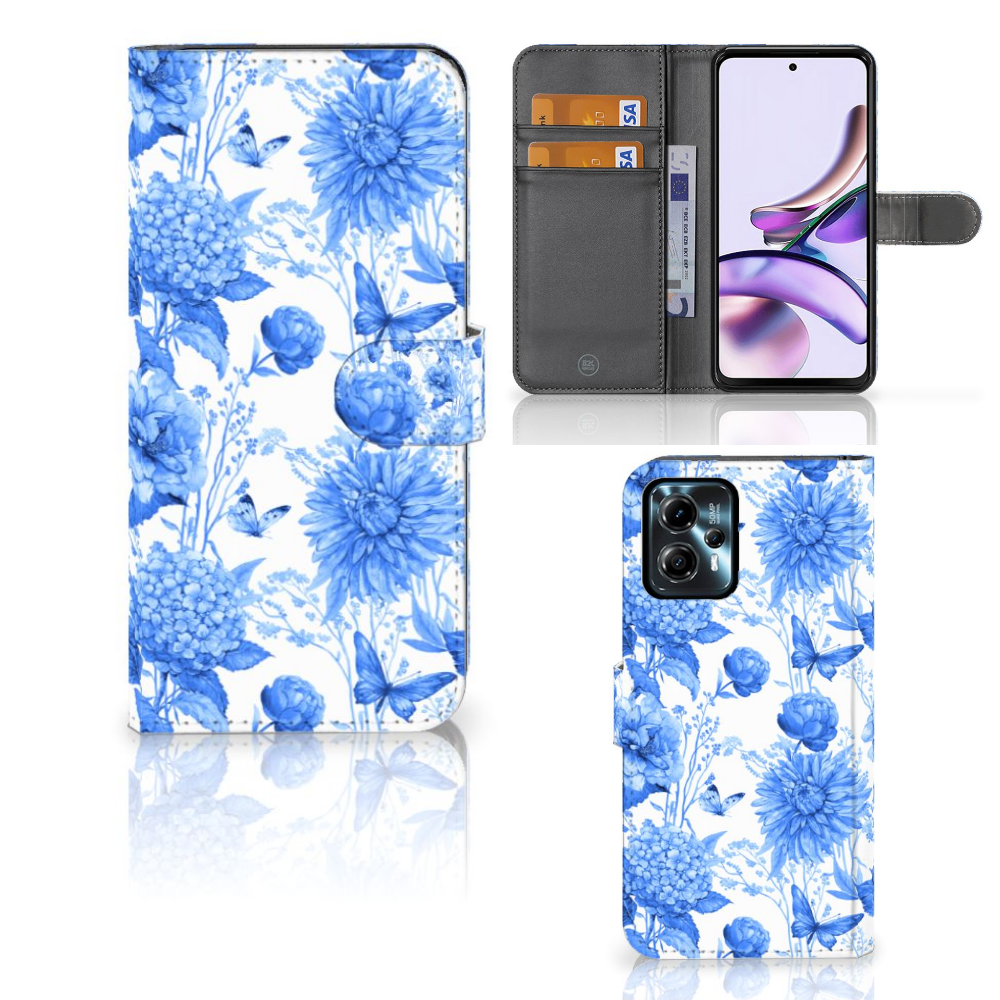 Motorola Moto G13 G23 Hoesje Flowers Blue voorkant achterkant binnenzijde
