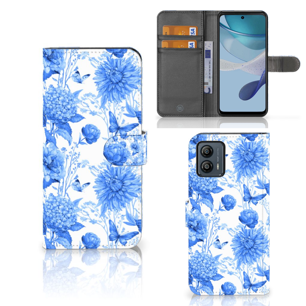 Hoesje voor Motorola Moto G53 Flowers Blue bloemen design vooraanzicht zijaanzicht binnenkant
