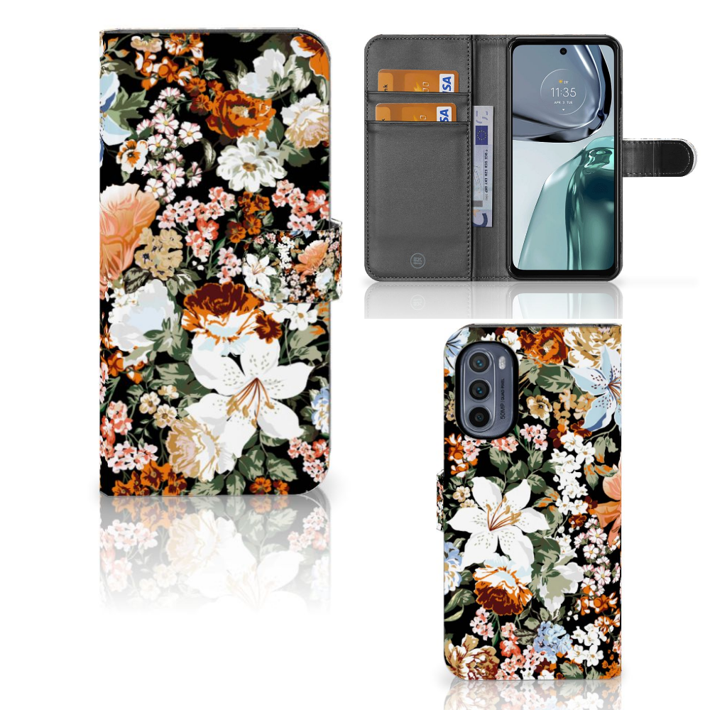 Hoesje voor Motorola Moto G62 5G Dark Flowers smartphone hoesje bloemdessin voorkant en binnenkant