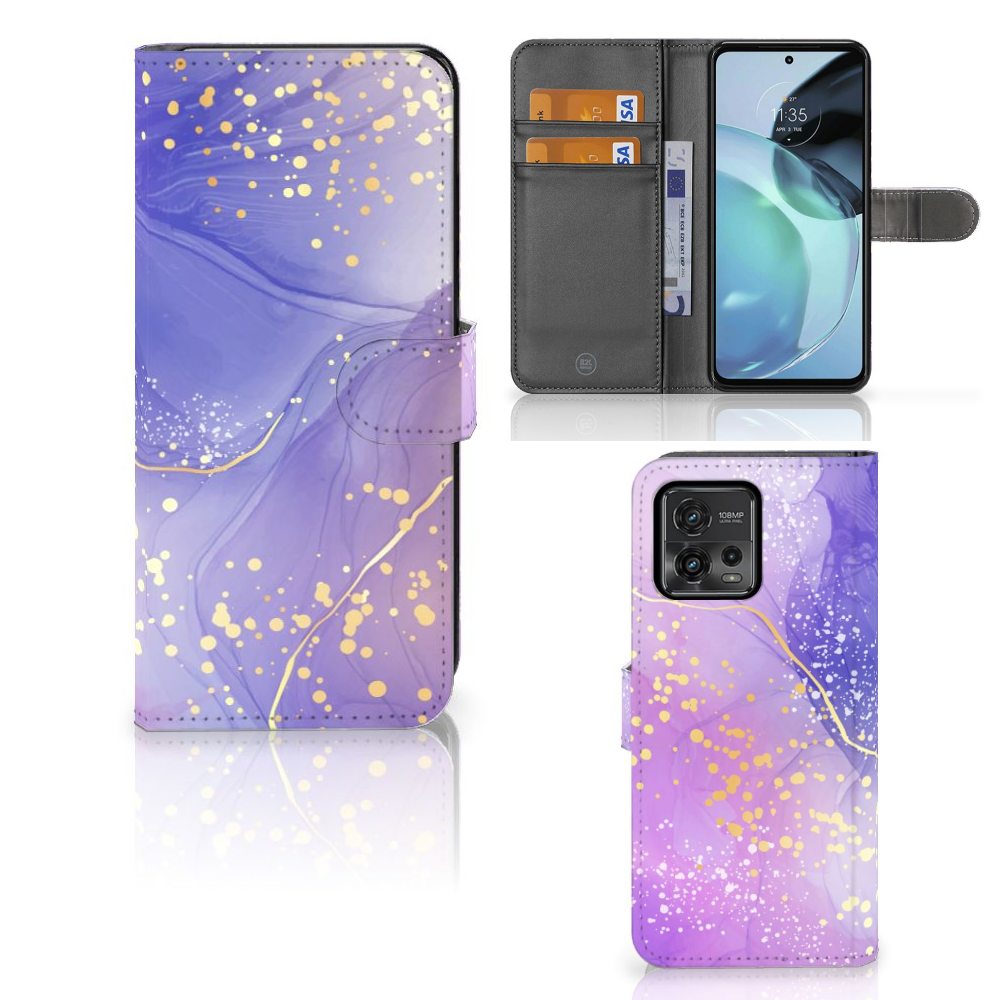 Motorola Moto G72 hoesje Watercolor Paars voorzijde en binnenzijde