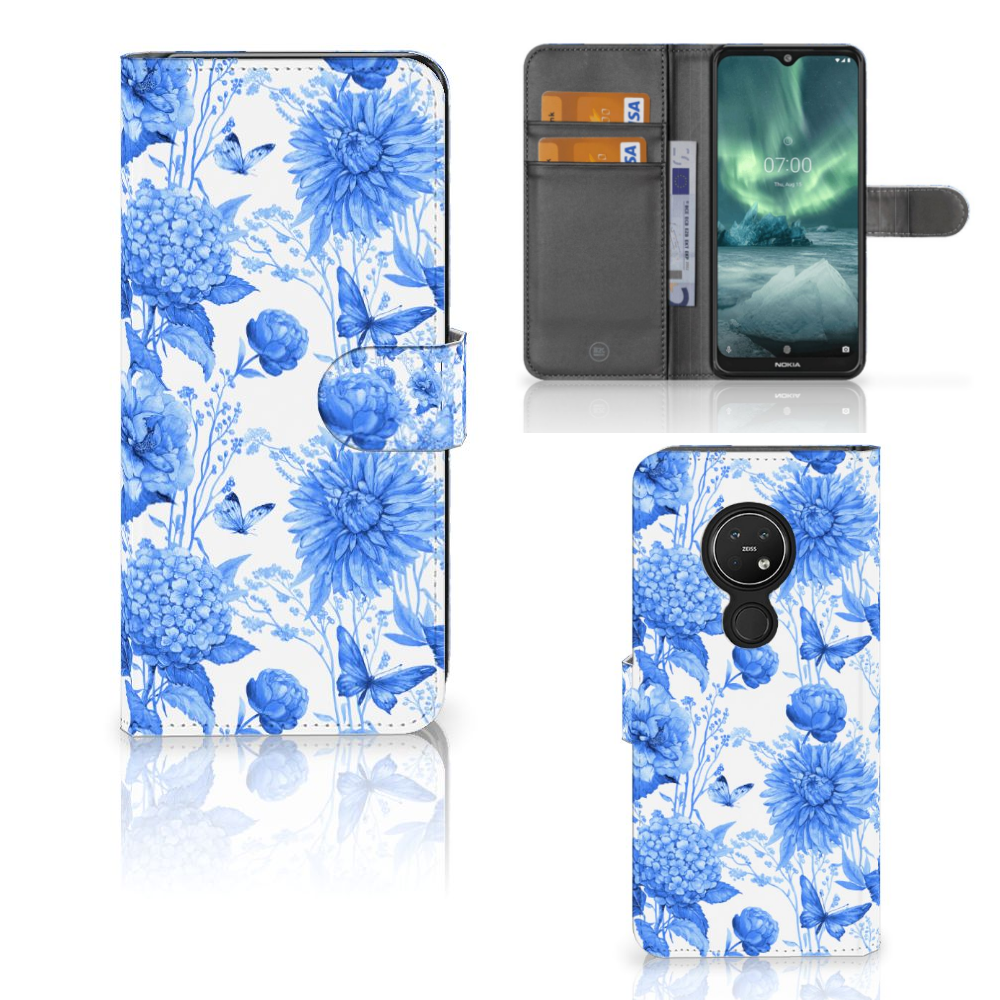 Nokia 7.2 Nokia 6.2 Hoesje voor Nokia 7.2 | Nokia 6.2 Flowers Blue bloemen design voorkant binnenkant