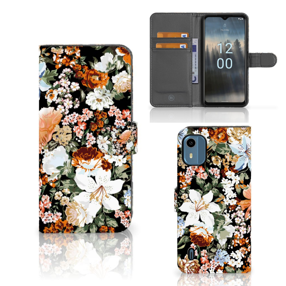 Hoesje voor Nokia C12 Dark Flowers hoesje bloemen voorkant zijkant binnenkant
