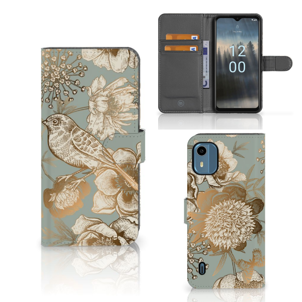 Hoesje voor Nokia C12 Vintage Bird Flowers design vleugelbloemen aanzicht