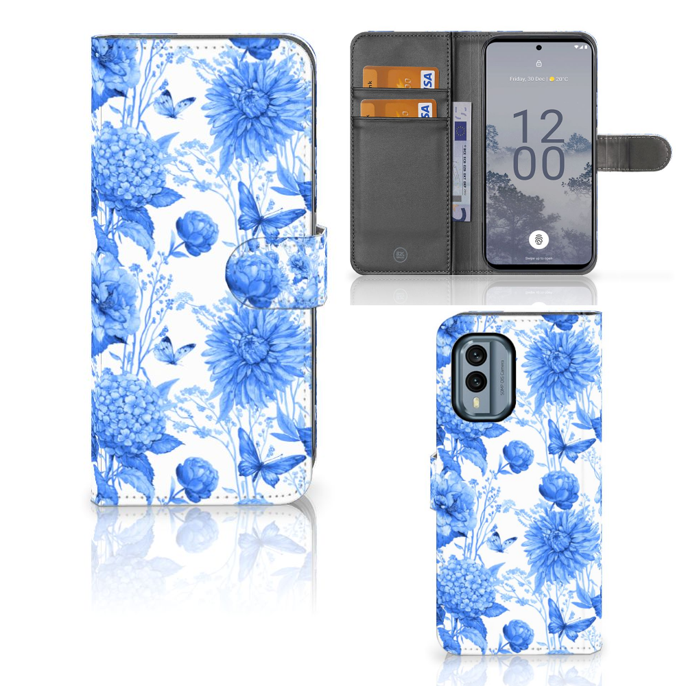Nokia X30 hoesje voor Nokia X30 Flowers Blue bloemen design aanzicht