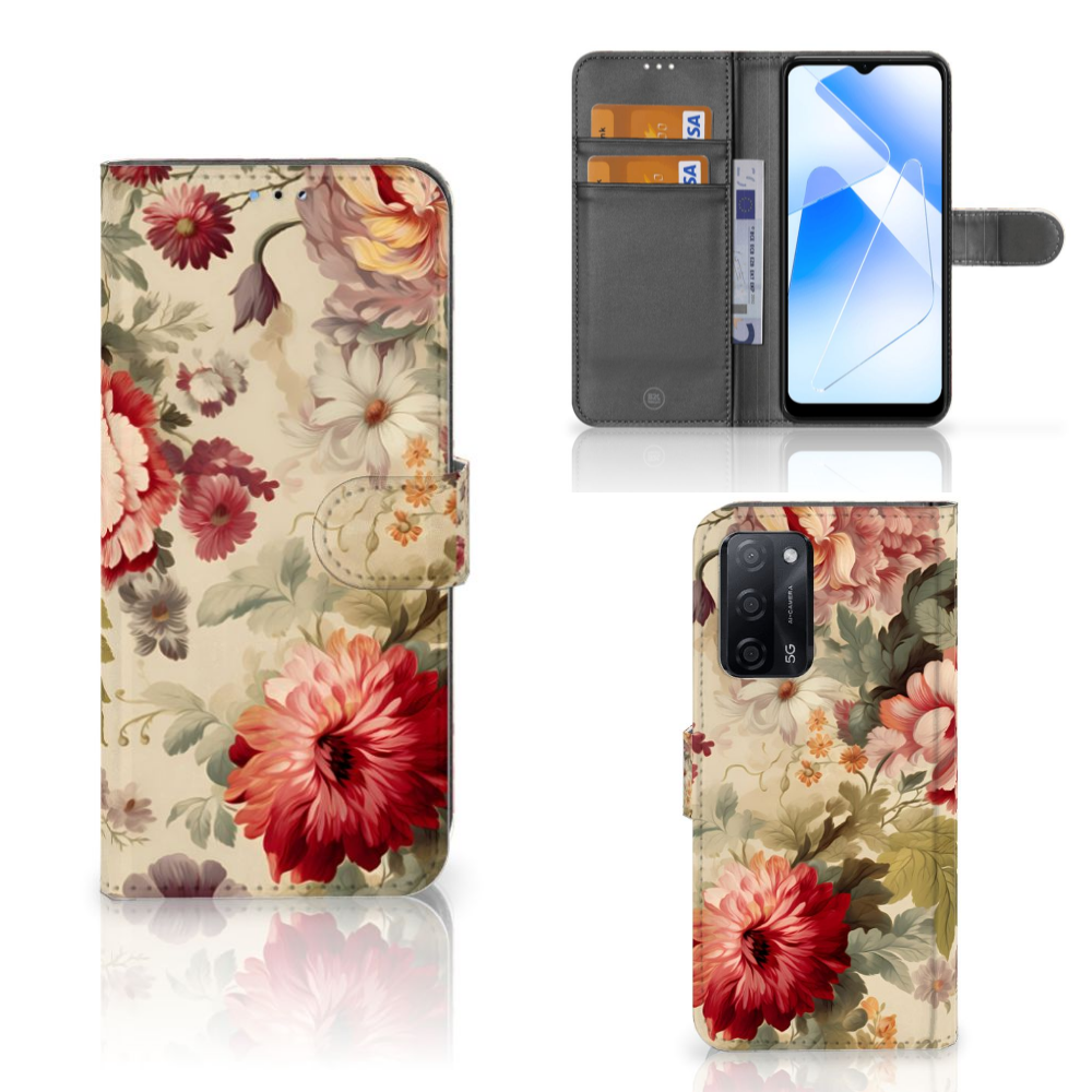Hoesje voor OPPO A16/A16s/A54s Bloemen met romantisch design en ruimte voor drie pasjes.