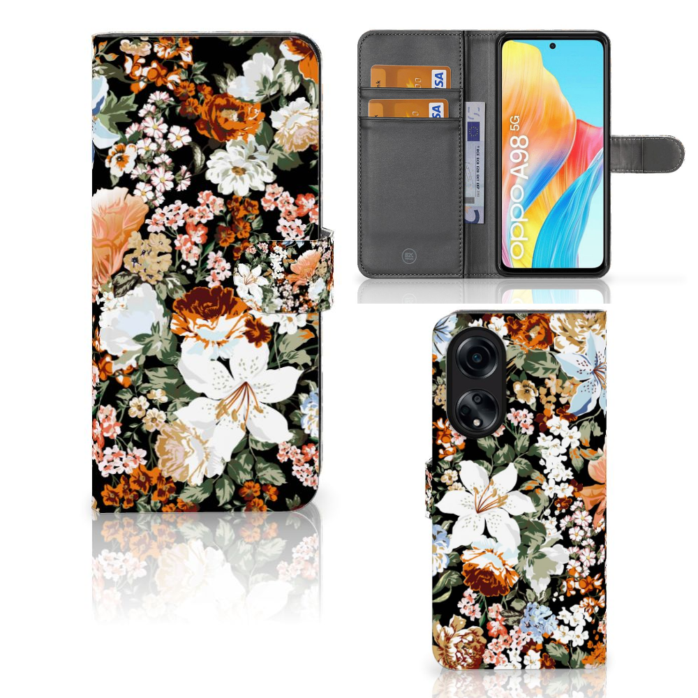OPPO A98 5G hoesje Dark Flowers voorkant zijkant binnenkant