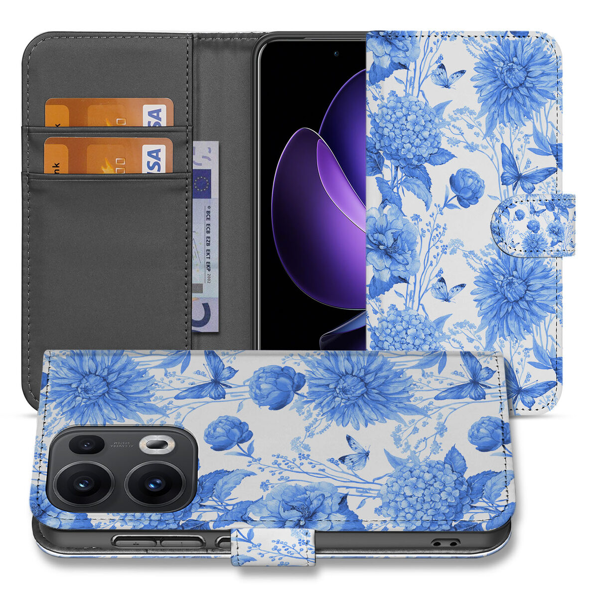 Hoesje voor OPPO Reno 13 Pro Flowers Blue voorzijde zijkant