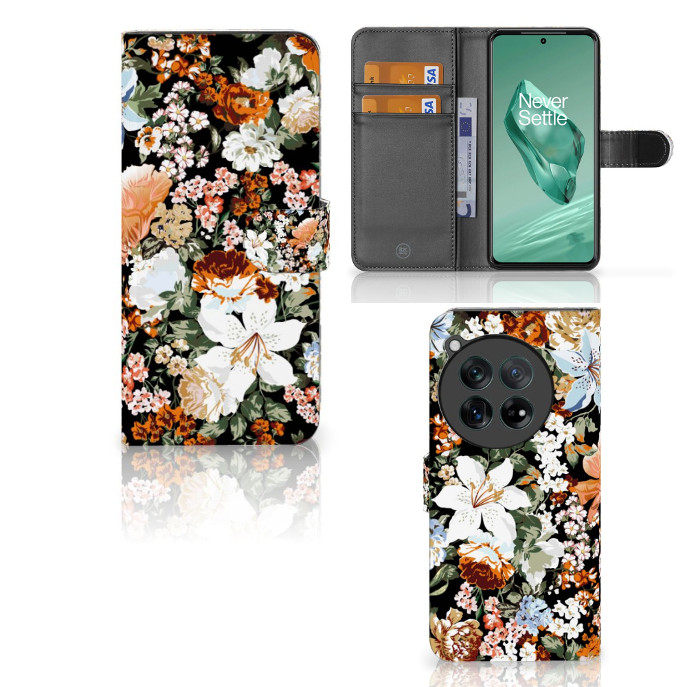 OnePlus 12 hoesje voor OnePlus 12 Dark Flowers bloemen design voorkant achterkant