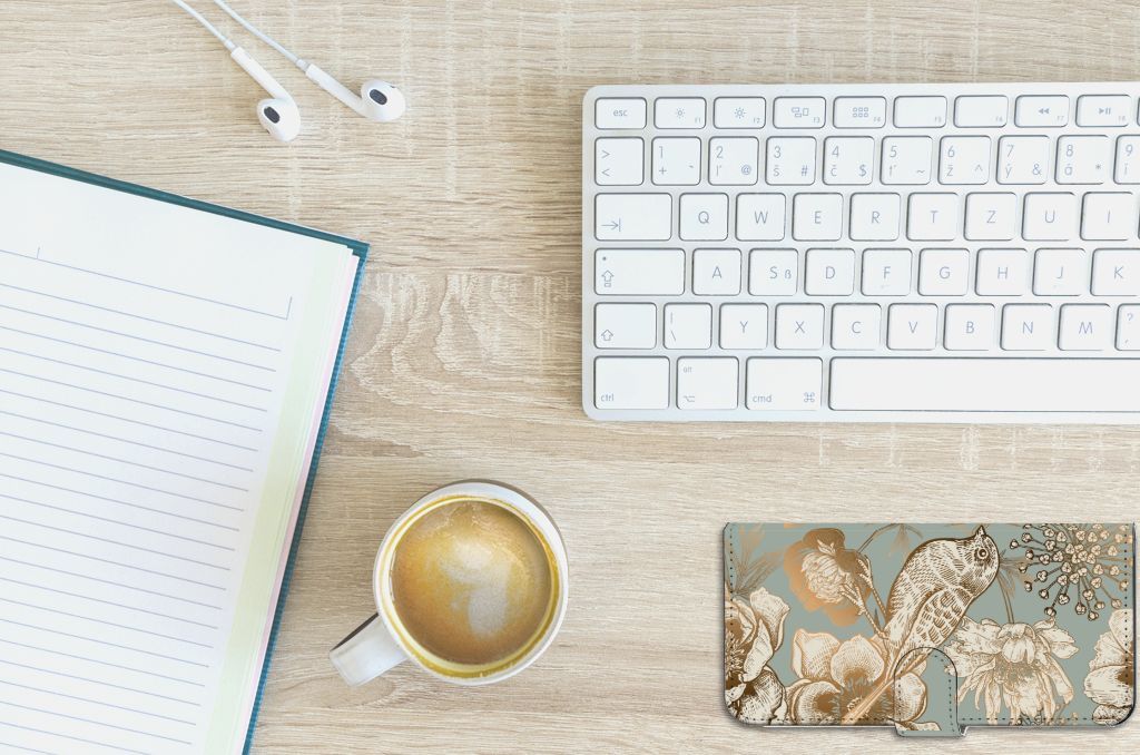 Hoesje voor PPO A57 | A57s | A77 4G Vintage Bird Flowers bovenaanzicht bureau met koffie notitieboek toetsenbord