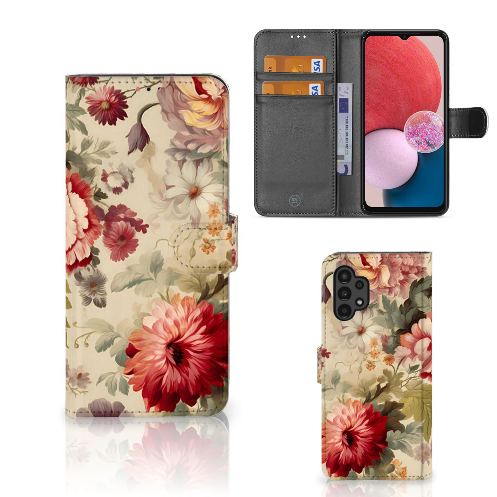 Samsung Galaxy A13 (4G) Hoesje voor Samsung Galaxy A13 (4G) Bloemen voorkant achterkant aanzicht