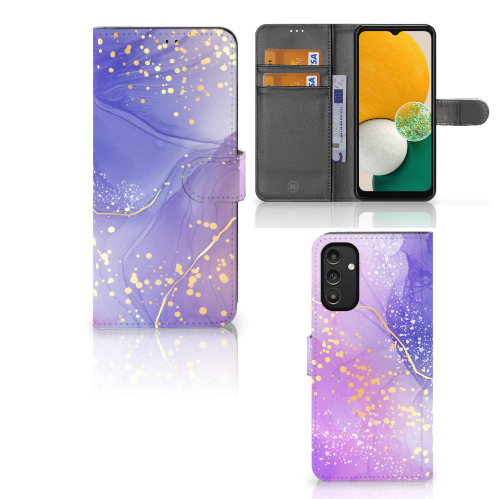 Hoesje voor Samsung Galaxy A14 5G Watercolor Paars met paarse watercolor design en pasjeshouder.