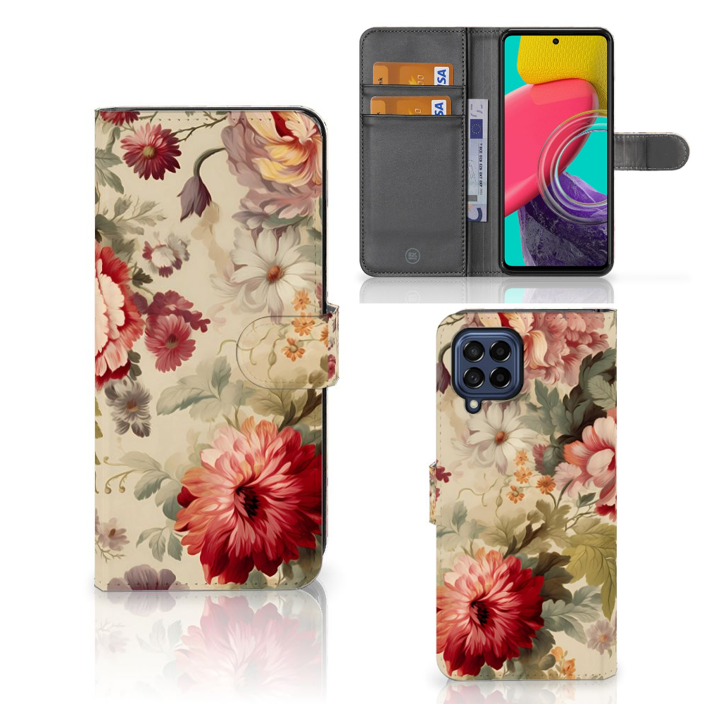 Samsung Galaxy M53 Hoesje voor Samsung Galaxy M53 Bloemen voorkant zijkant binnenzijde