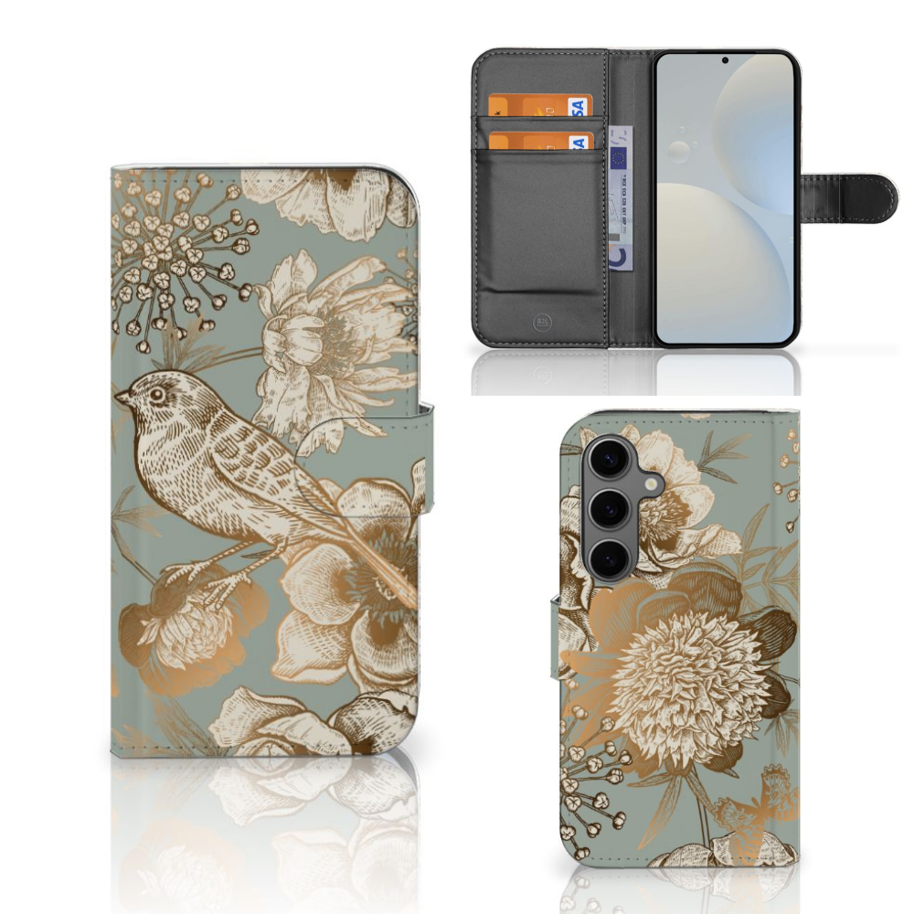 Samsung Galaxy S25 hoesje Vintage Bird Flowers voorzijde zijkant binnenkant