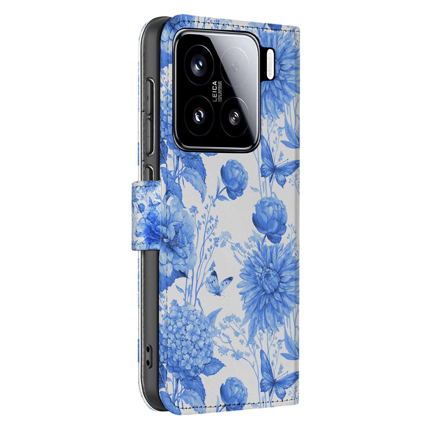 Xiaomi 15 hoesje voor Xiaomi 15 Flowers Blue book case zijkant