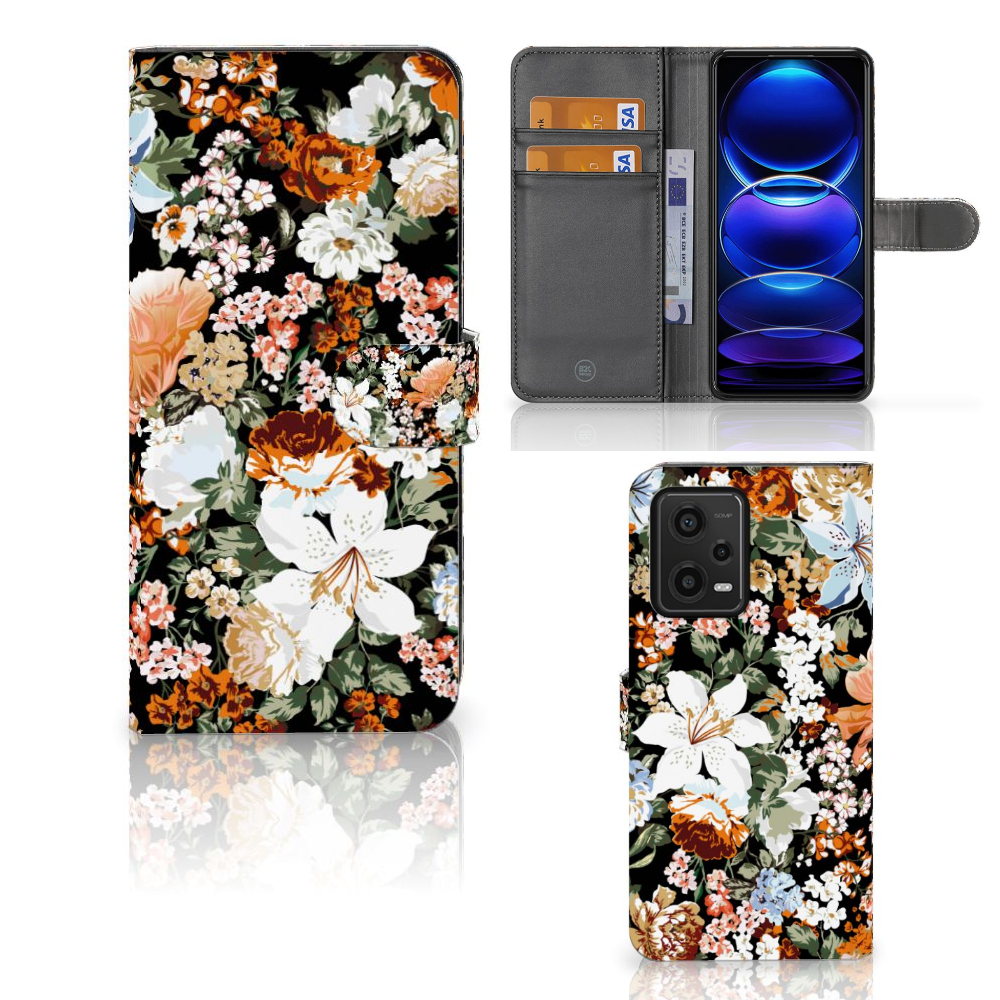 Hoesje voor Xiaomi Redmi Note 12 5G | Poco X5 Dark Flowers bloemen design aanzicht