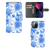 Hoesje voor iPhone 13 Mini Flowers Blue met prachtig blauw bloemen design en ruimte voor drie pasjes.