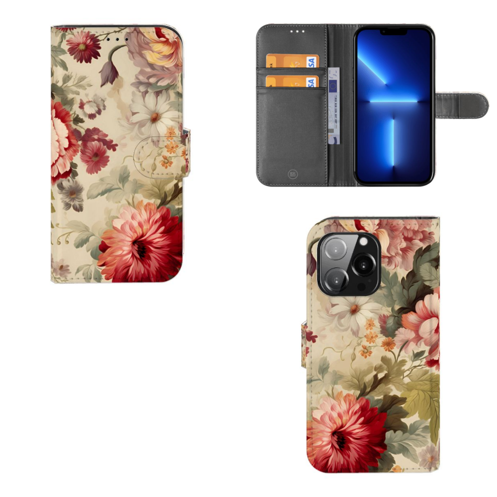 Hoesje voor iPhone 13 Pro Bloemen met kleurrijke bloemenprint en ruimte voor pasjes đ¸.