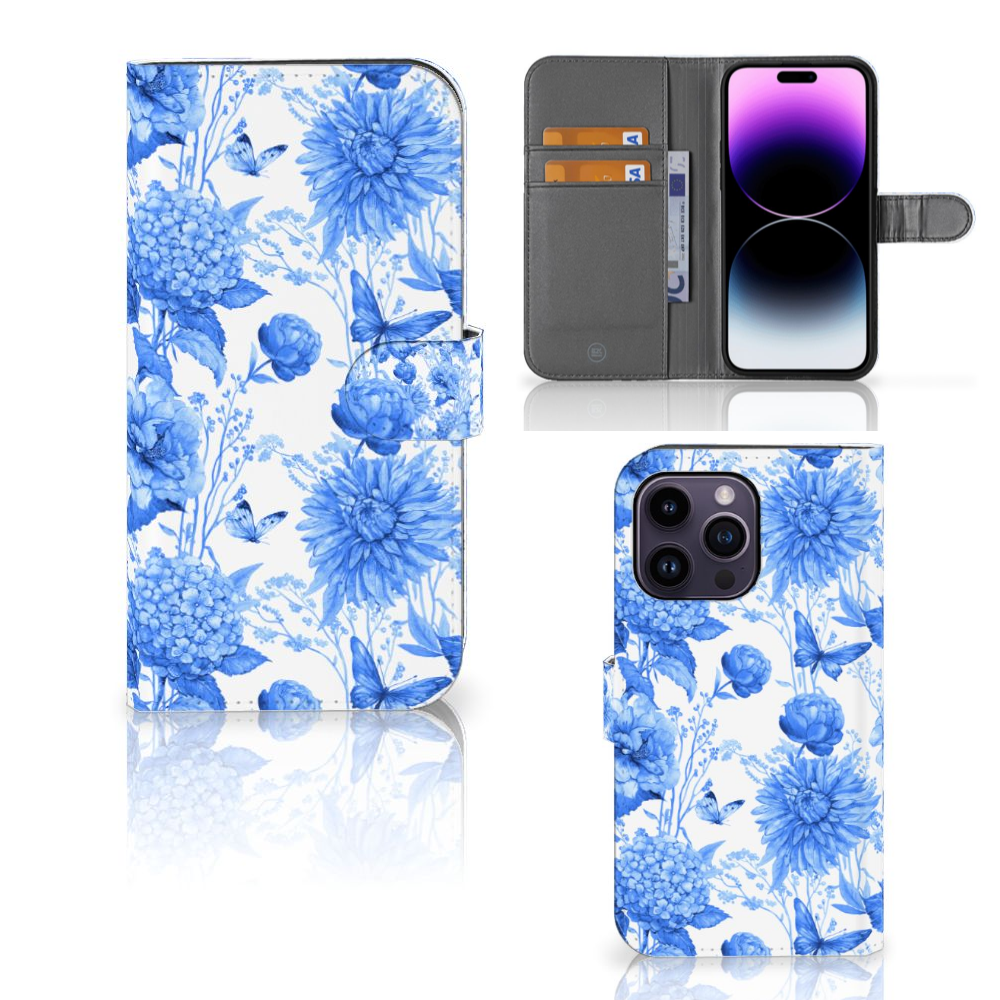Hoesje voor iPhone 15 Pro Max Flowers Blue met prachtig Delftsblauw bloemenontwerp. đ¸