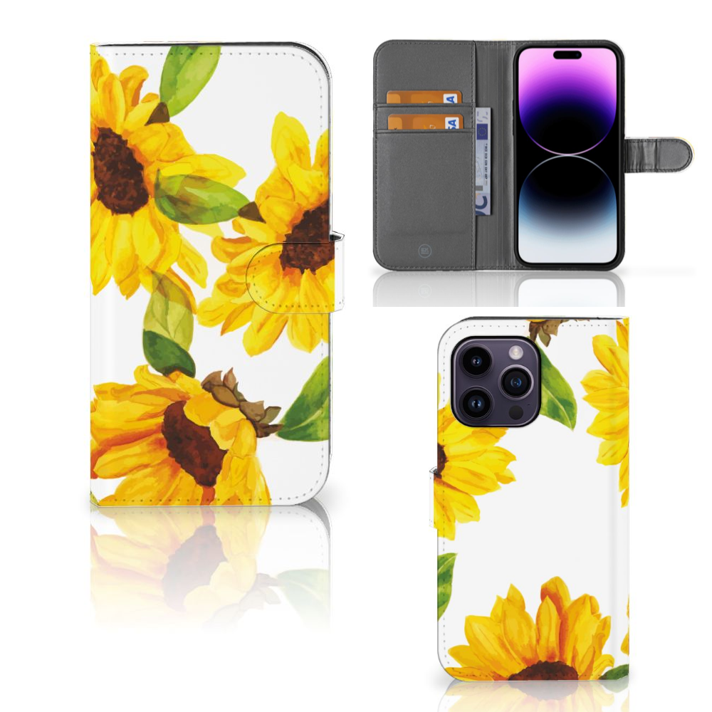 Hoesje voor iPhone 15 Pro Max Zonnebloemen met kleurrijke zonnebloemen en ruimte voor drie pasjes.