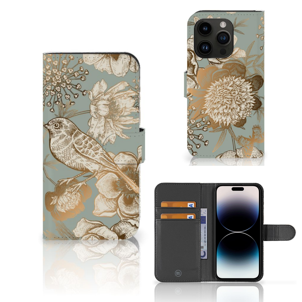 Hoesje voor iPhone 15 Pro Vintage Bird Flowers met elegante bloemen en een vogel, ideaal voor een chique uitstraling.