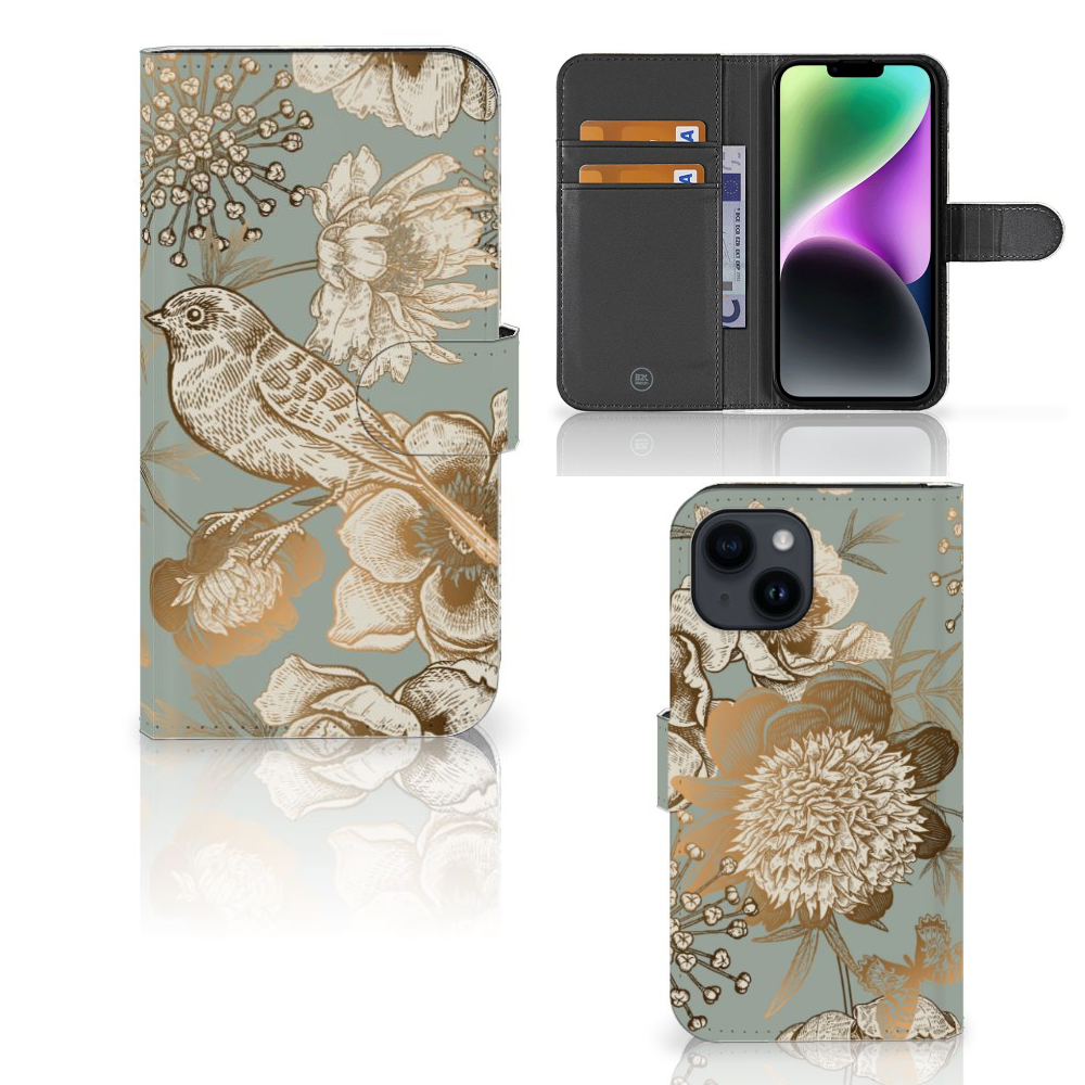 Hoesje voor iPhone 15 Vintage Bird Flowers met bloemen en vogels, chique design voor jouw telefoon.
