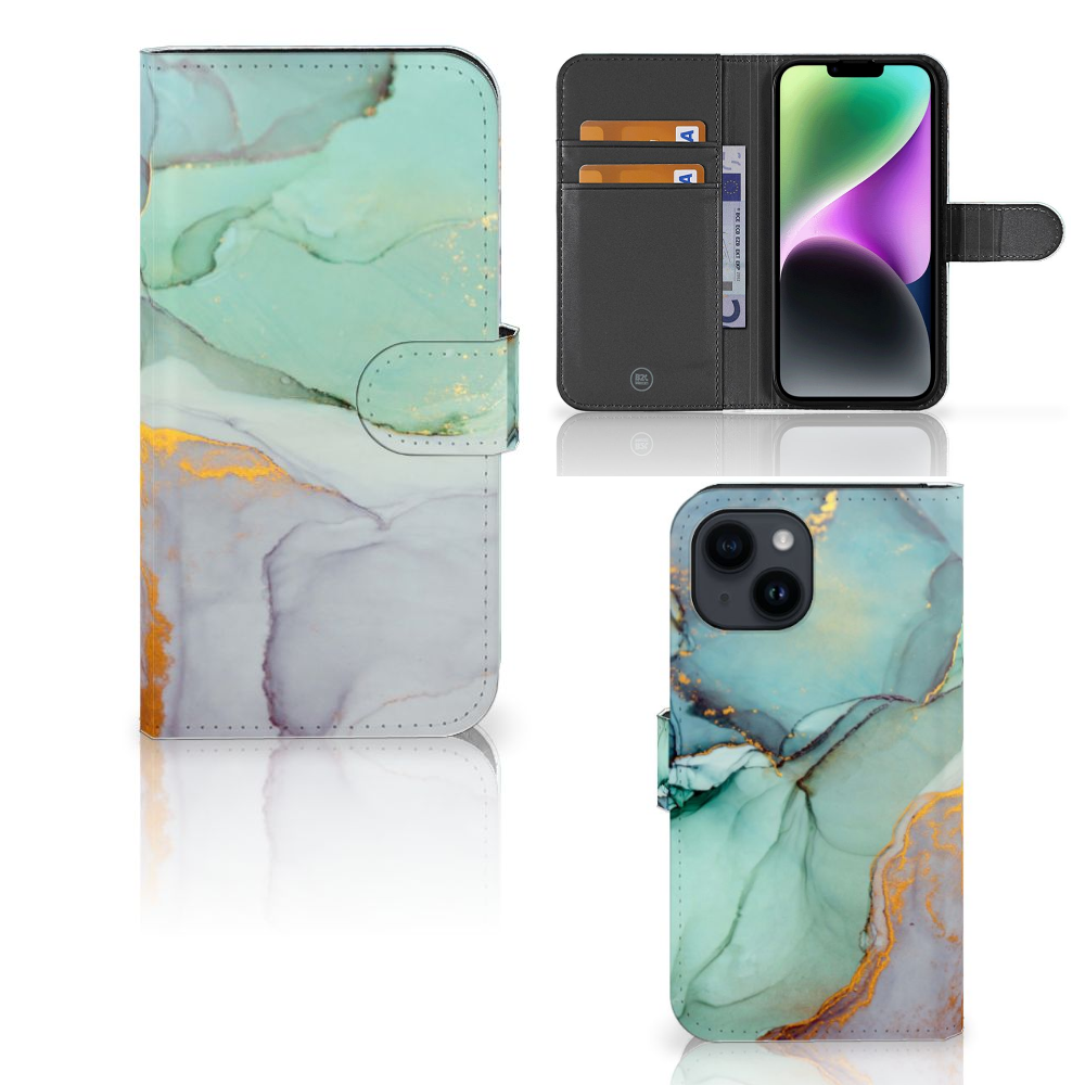Hoesje voor iPhone 15 Watercolor Mix met een prachtig kleurverloop en ruimte voor drie pasjes.
