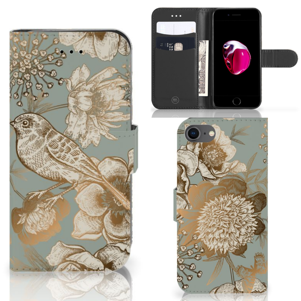 Hoesje voor iPhone 7 | 8 | SE (2020) | SE (2022) Vintage Bird Flowers voorzijde achterzijde aanzicht