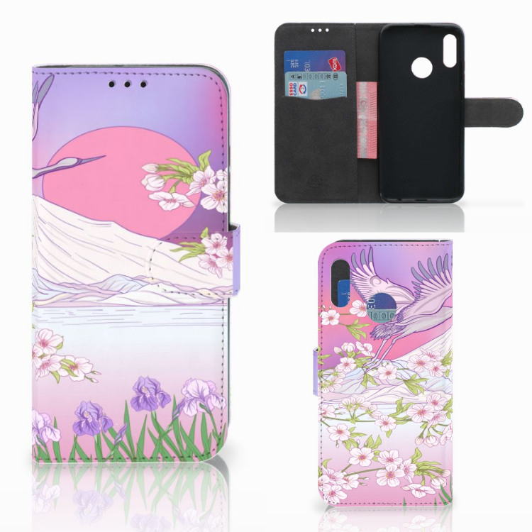 Honor 10 Lite Telefoonhoesje met Pasjes Bird Flying in kleurrijk ontwerp met ooievaar en bloesems đ¸.