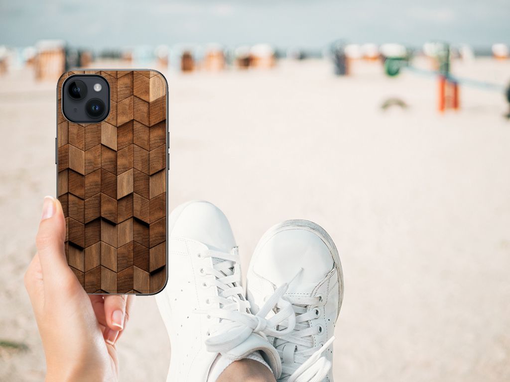 Houten Print Telefoonhoesje voor iPhone 15 Plus Wooden Cubes B2C Telecom