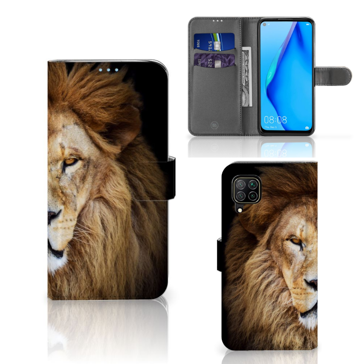 Huawei P40 Lite Telefoonhoesje met Pasjes Leeuw design leeuw aanzicht voorkant achterkant binnenzijde