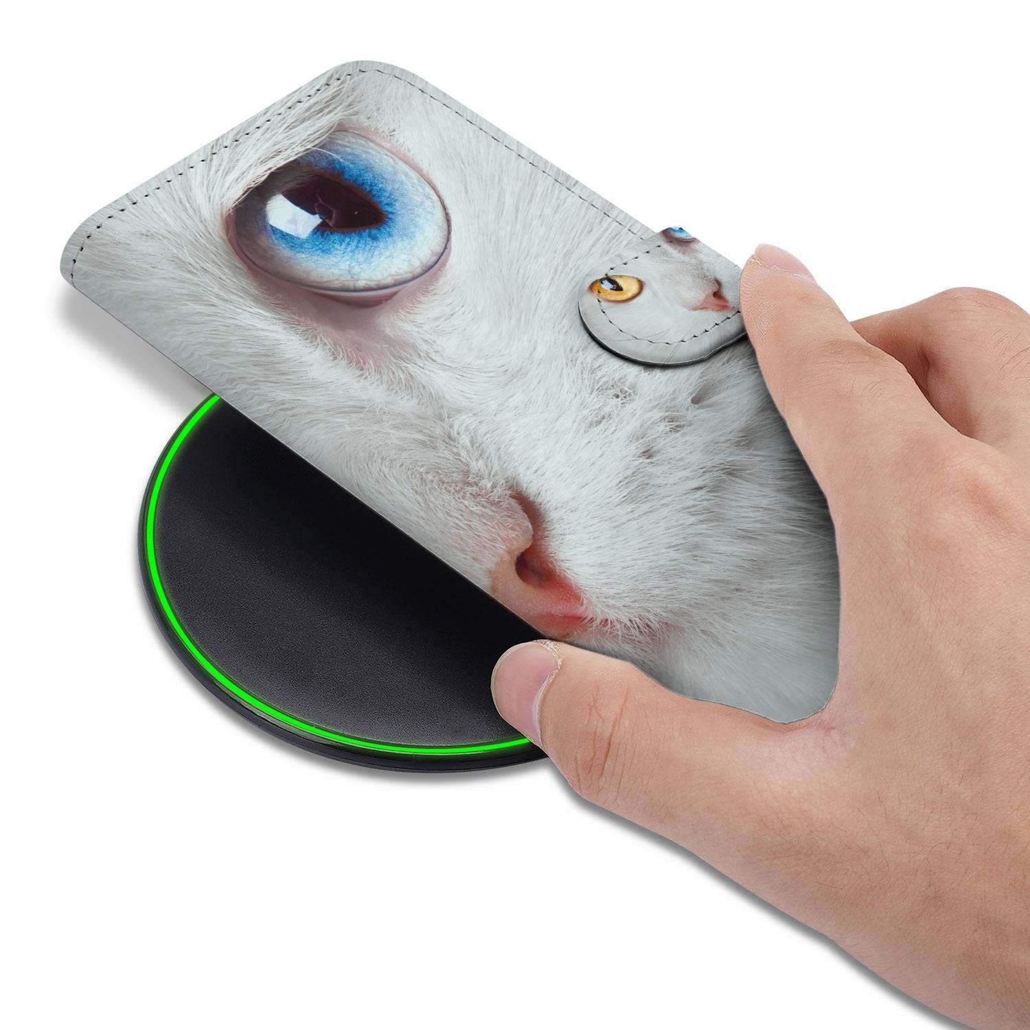 IPhone Air Portemonnee hoesje Witte Kat Dierenprint hand aanzicht
