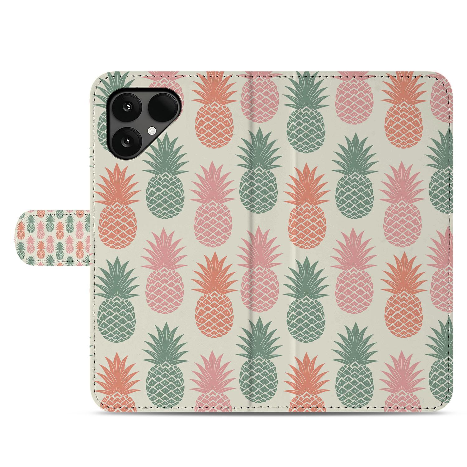 Fairphone 6 Kleurrijke Ananas Bookcase Hoesje Roze Rood Groen Print voorkant
