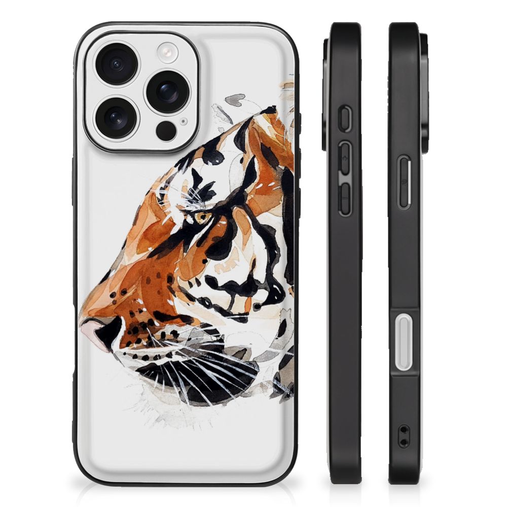 Apple iPhone 16 Pro Kleurrijke Telefoonhoesje Watercolor Tiger voorkant zijkanten