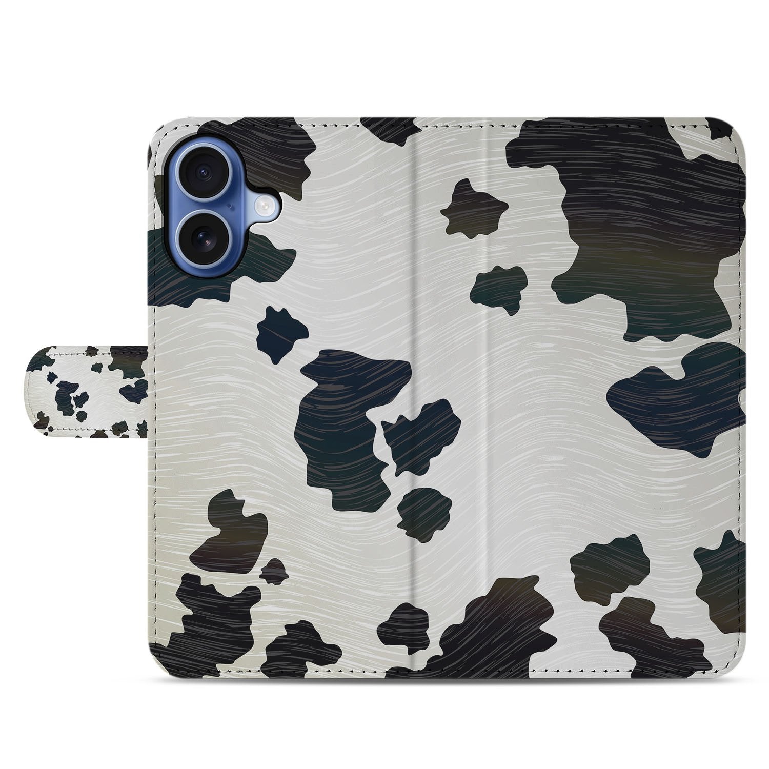 Koeienvlekken iPhone 17 Book Case Met Pasjeshouder En Volledige Bescherming In Kunstleer Zwart Wit voorkant