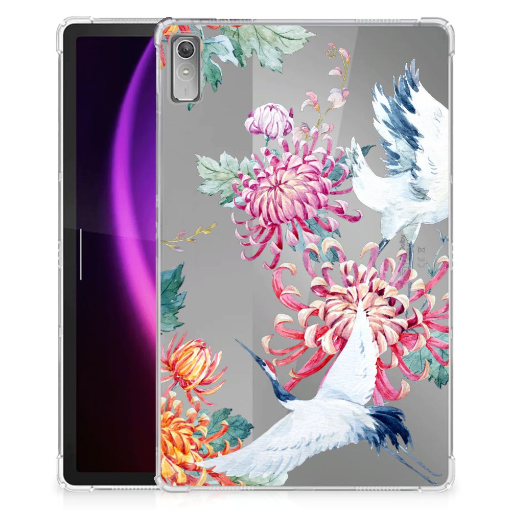 Lenovo Tab P11 Gen 2 Back Case Bird Flowers transparant bloemen ooievaars ontwerp voorkant