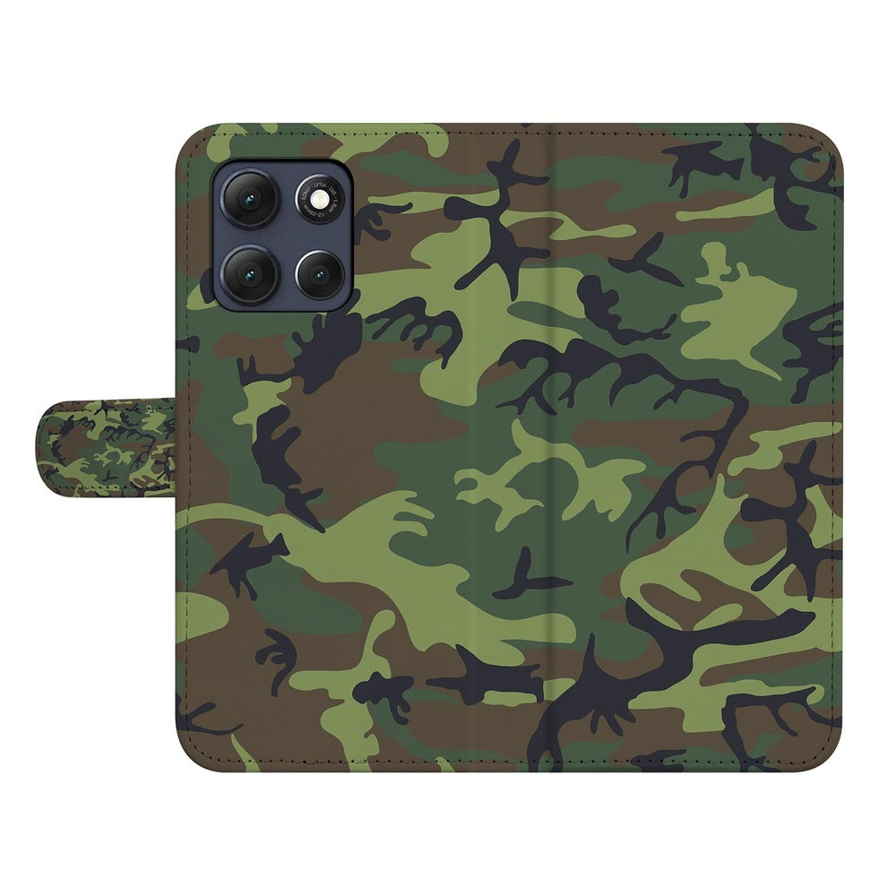 Motorola Moto G86 Portemonnee Hoesje Camouflage Leger Camouflage ontwerp schuine aanzicht.
