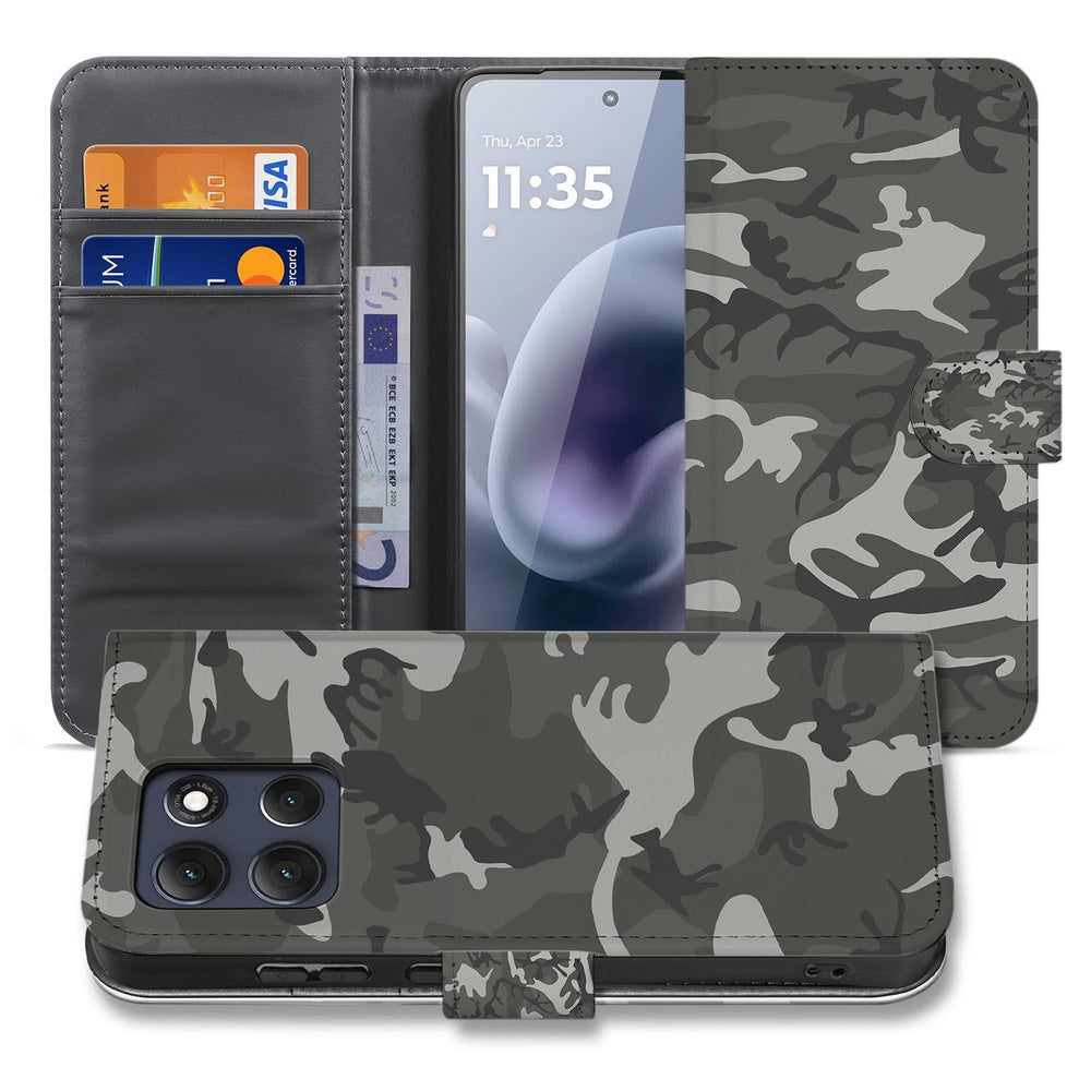 Motorola Moto G86 Book Case Hoesje Army Light Camouflage Vooraanzicht.