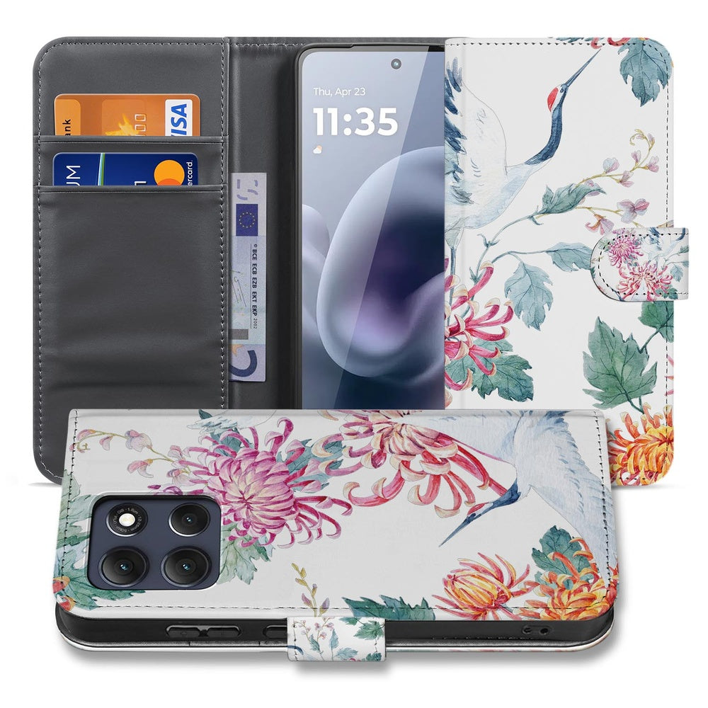 Motorola Moto G86 Bookcase Hoesje Met Pasjes Bird Flowers Print Voor- en achteraanzicht.