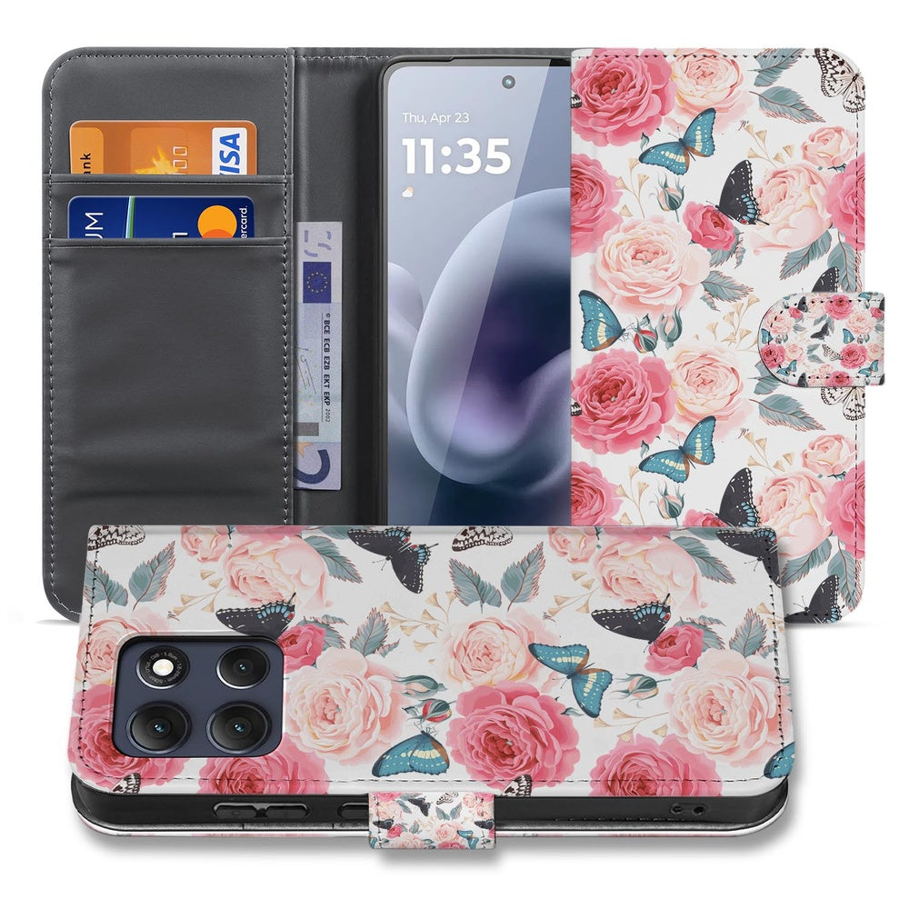 Motorola Moto G86 Book Case Hoesje Roze Butterfly Bookcase Roze Rozen Vlinders Vooraanzicht.